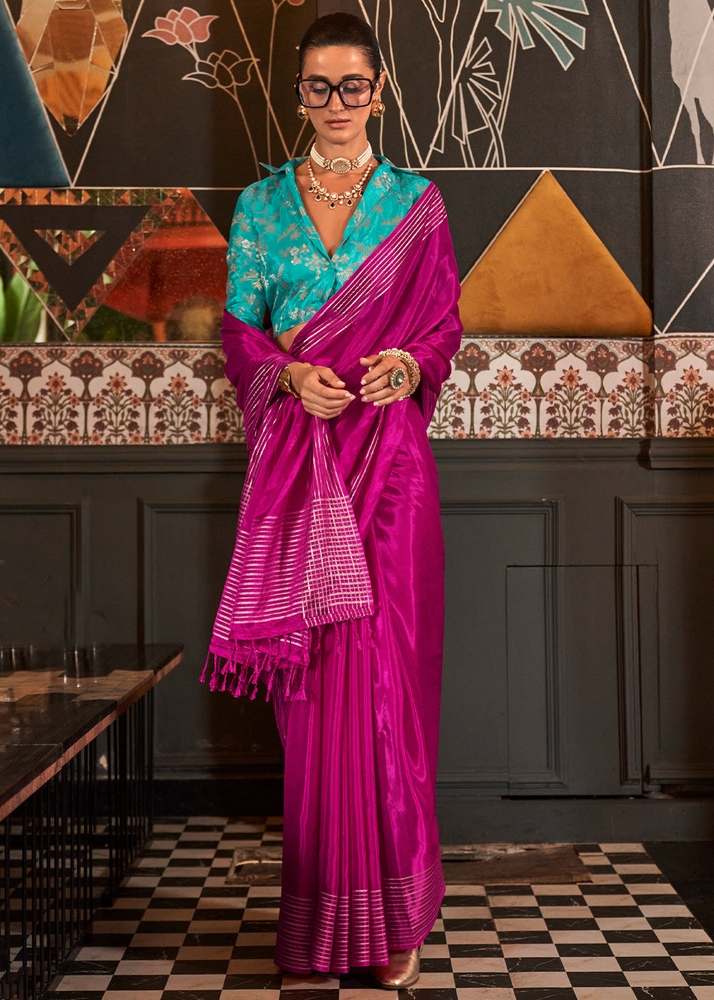Magenta Pink Viscose Satin Saree