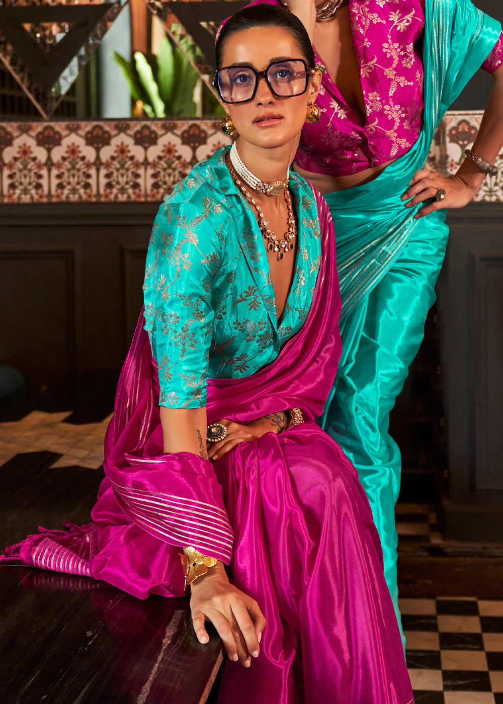Magenta Pink Viscose Satin Saree