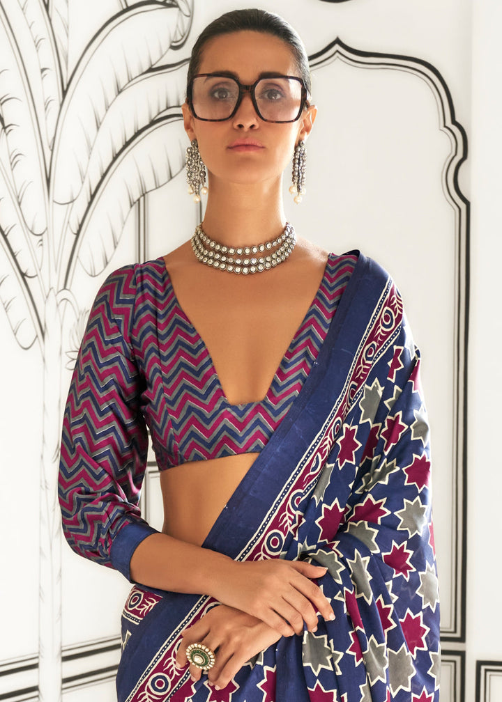 Whale Blue Ajrakh Printed Crepe Saree