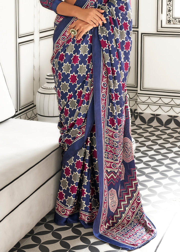 Whale Blue Ajrakh Printed Crepe Saree