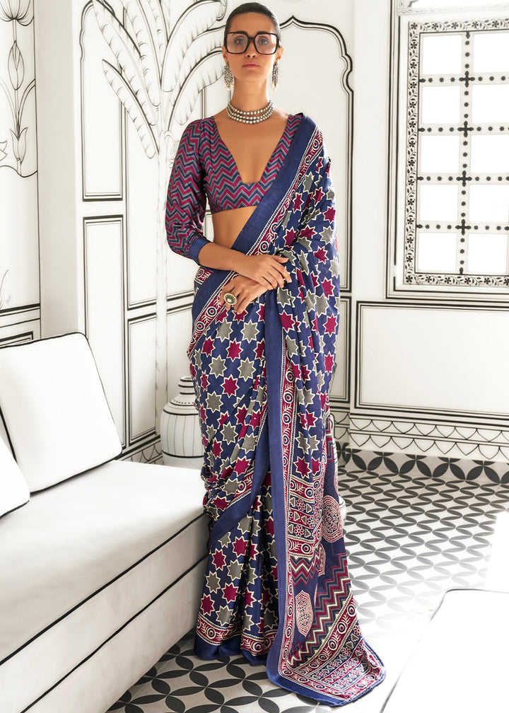 Whale Blue Ajrakh Printed Crepe Saree