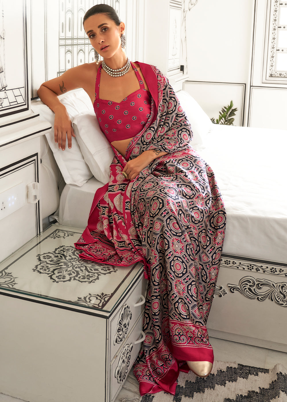 Punch Red Pink Ajrakh Printed Satin Crepe Saree