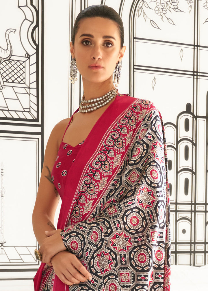 Punch Red Pink Ajrakh Printed Satin Crepe Saree
