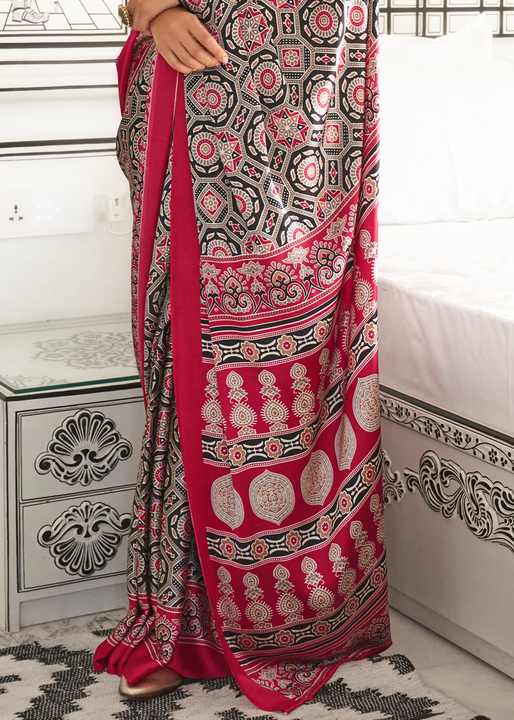 Punch Red Pink Ajrakh Printed Satin Crepe Saree
