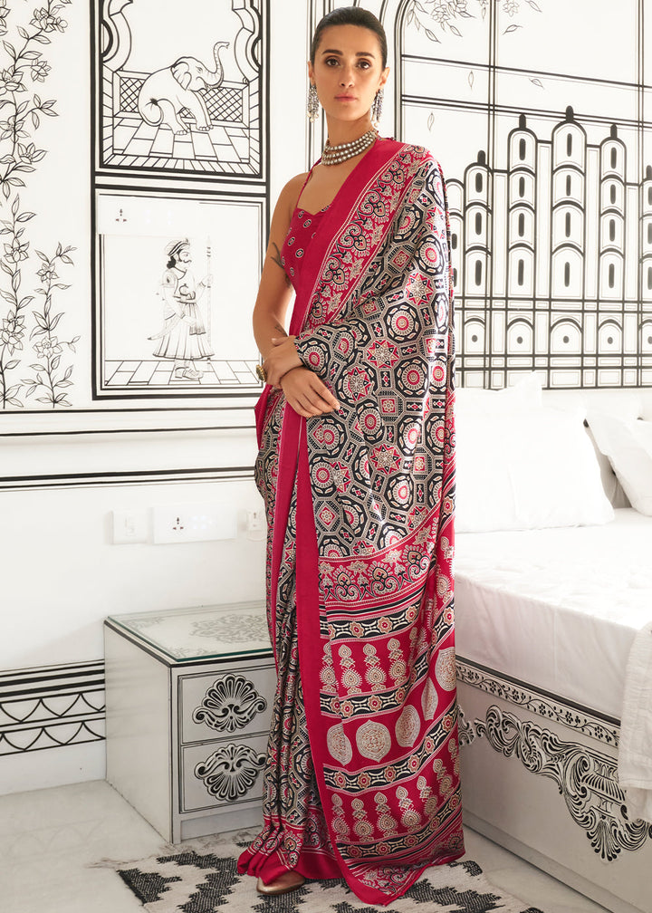 Punch Red Pink Ajrakh Printed Satin Crepe Saree