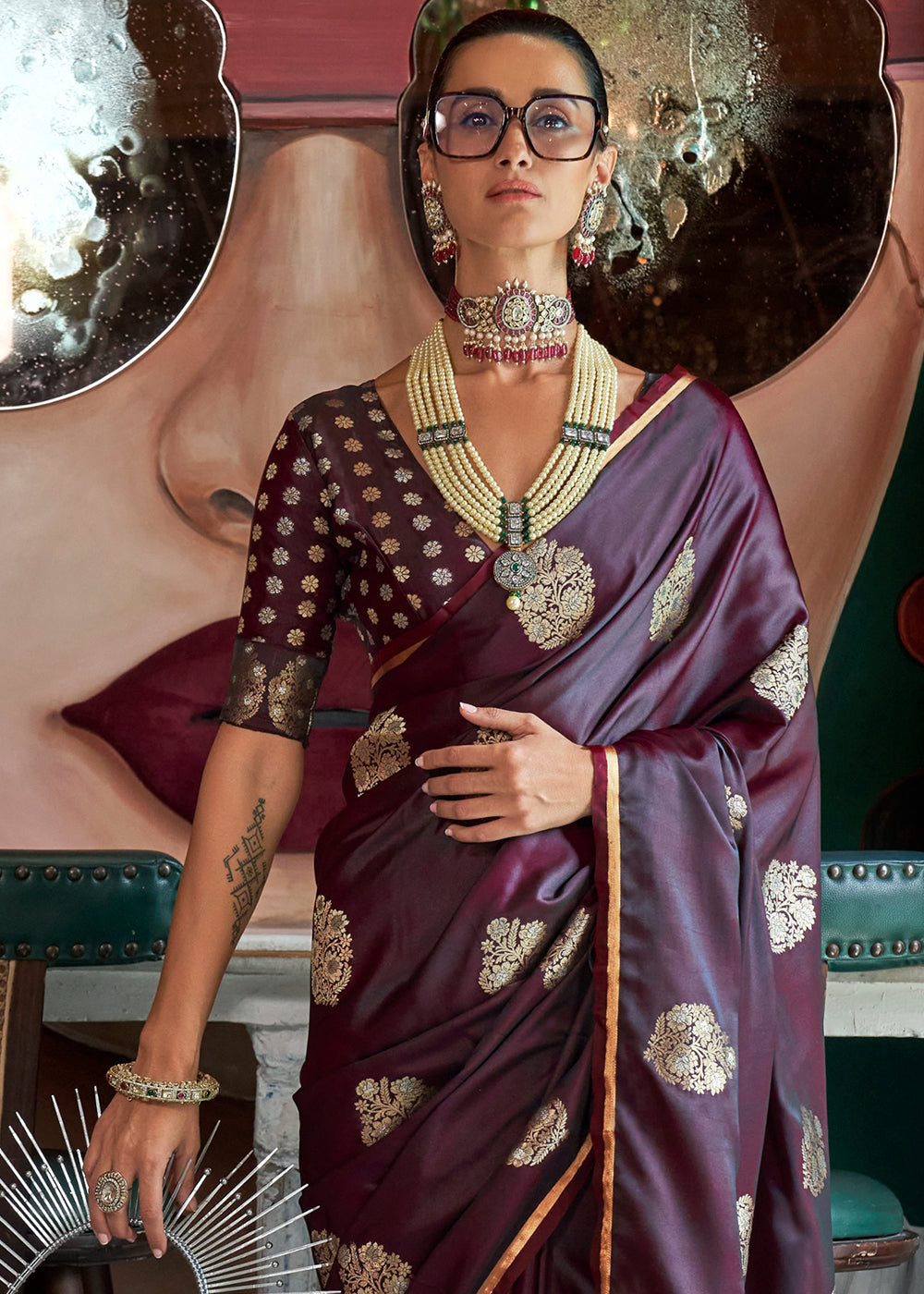 Sangria Purple Zari Satin Silk Saree