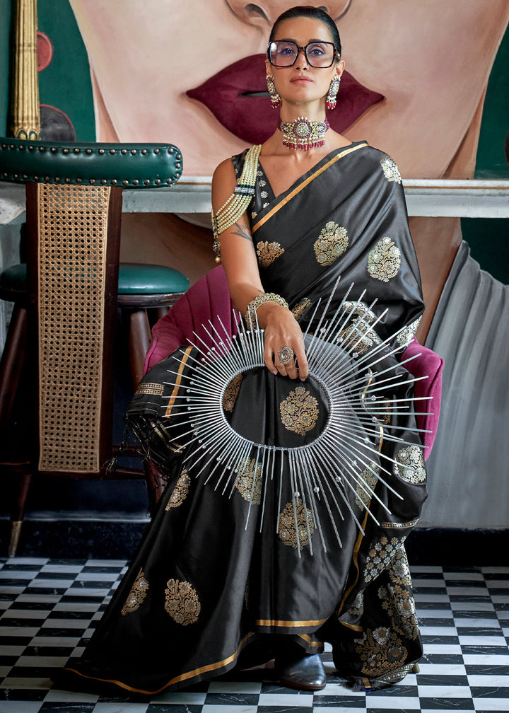 Onyx Black Zari Satin Silk Saree