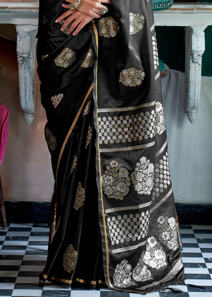 Onyx Black Zari Satin Silk Saree
