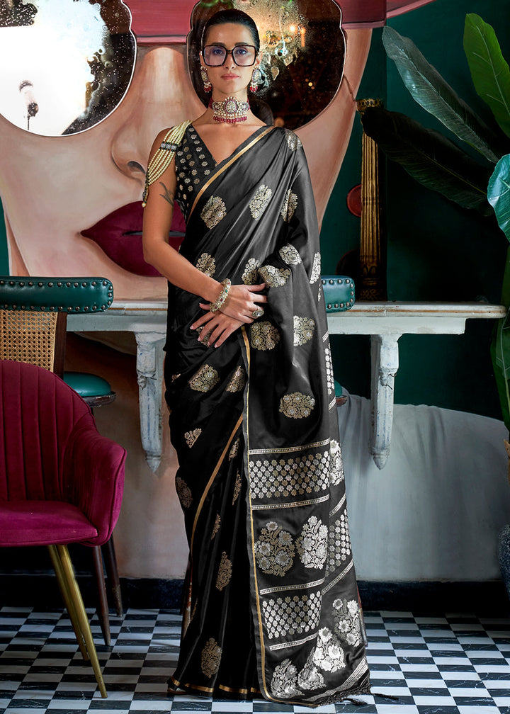 Onyx Black Zari Satin Silk Saree