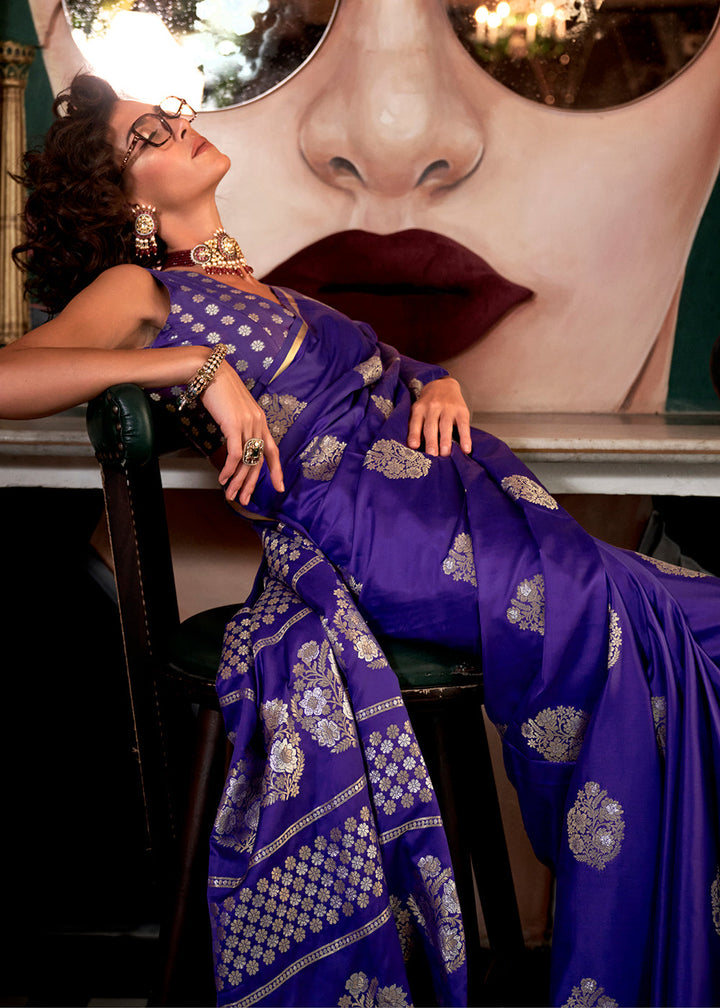 Indigo Purple Zari Satin Silk Saree