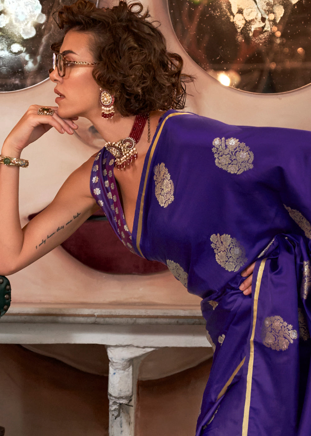 Indigo Purple Zari Satin Silk Saree