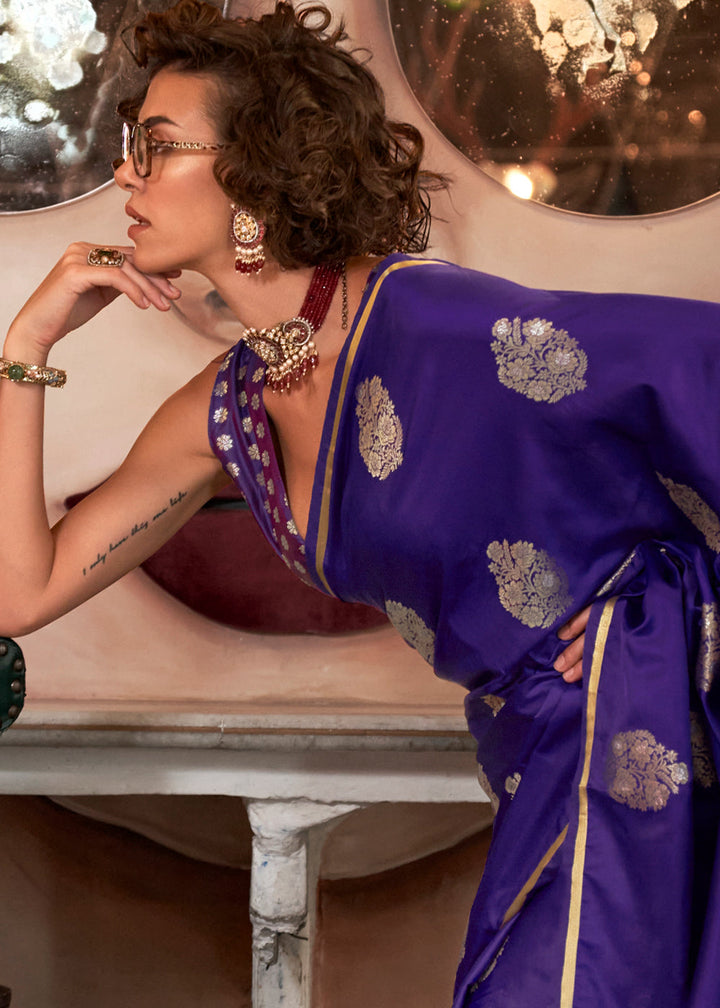 Indigo Purple Zari Satin Silk Saree