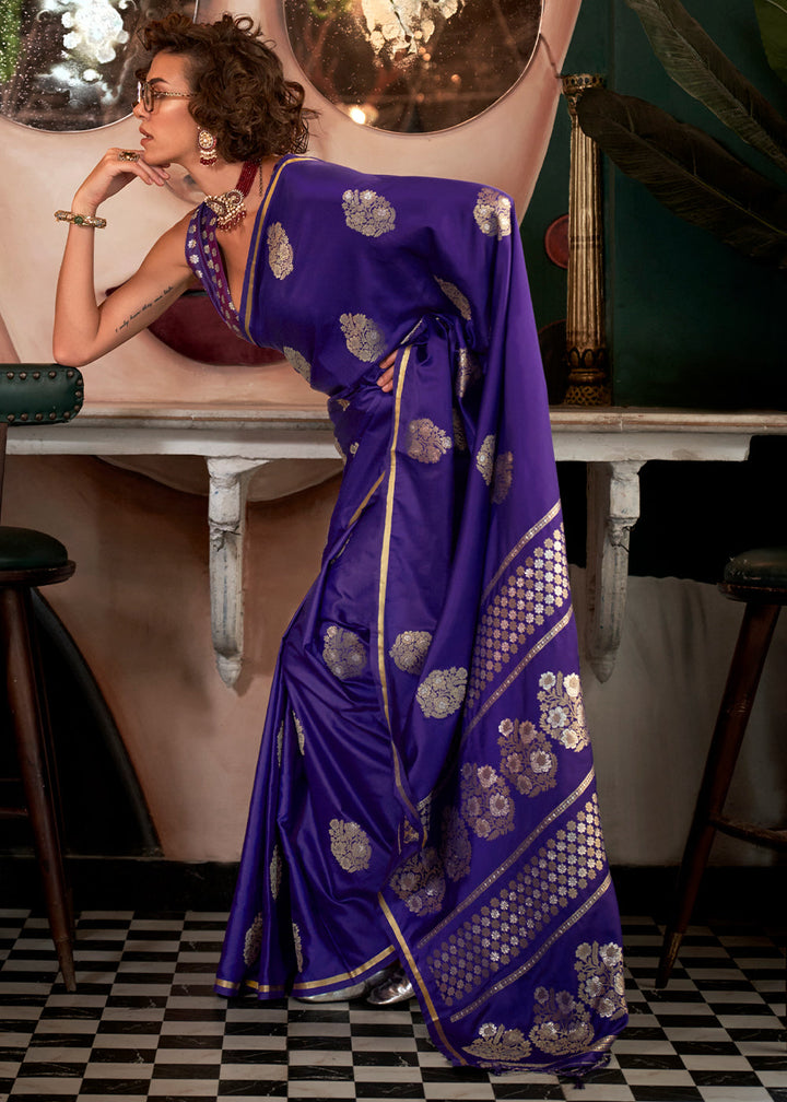 Indigo Purple Zari Satin Silk Saree