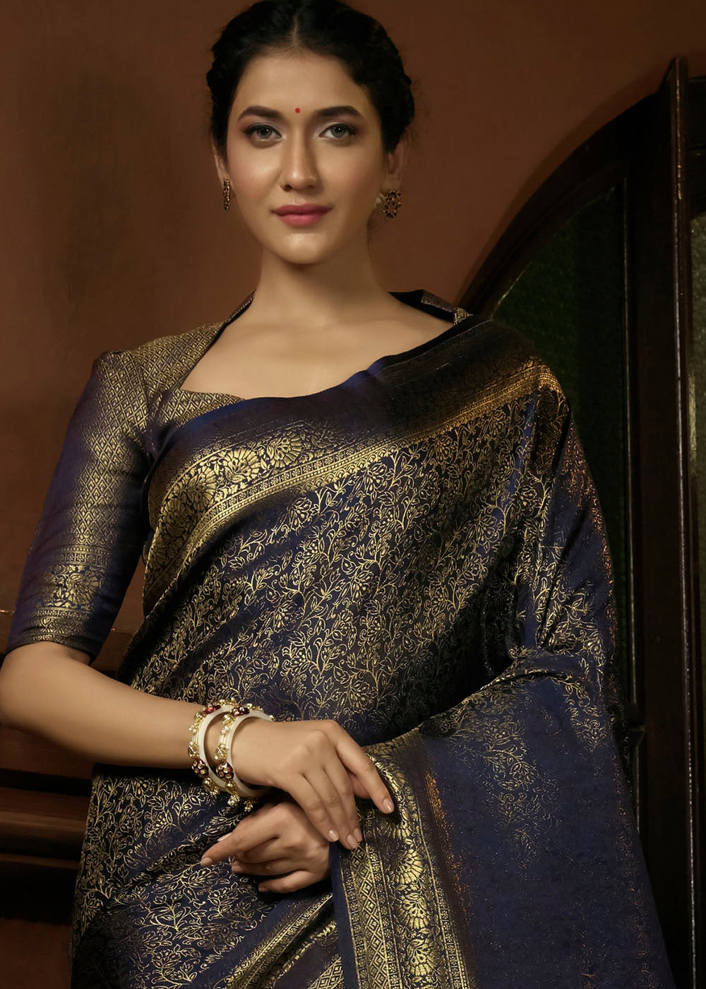 Presidential Blue & Golden Blend Woven Kanjivaram Silk Saree