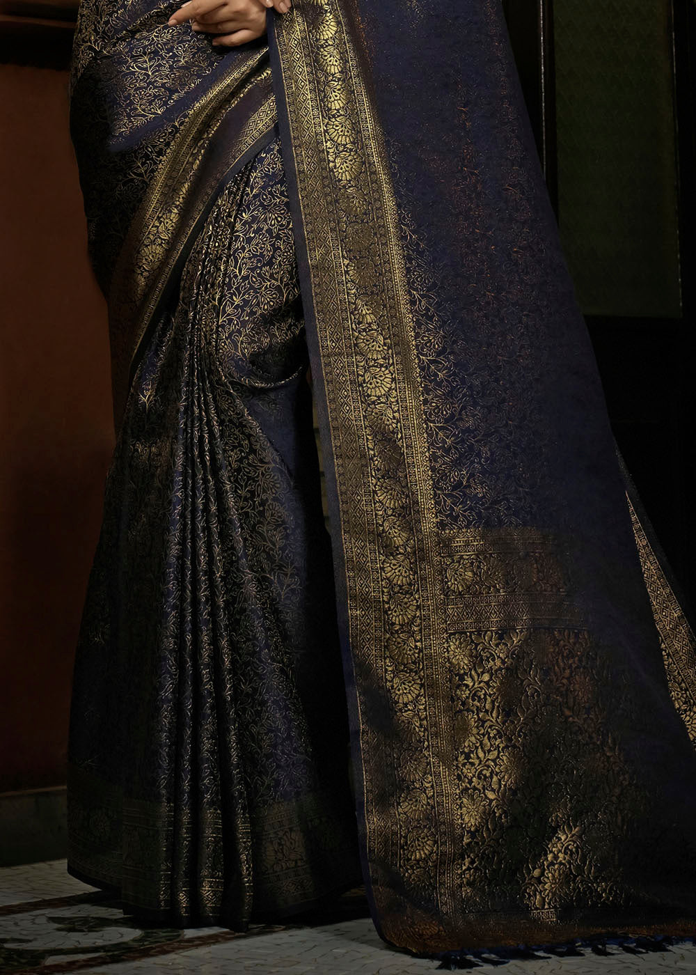 Presidential Blue & Golden Blend Woven Kanjivaram Silk Saree