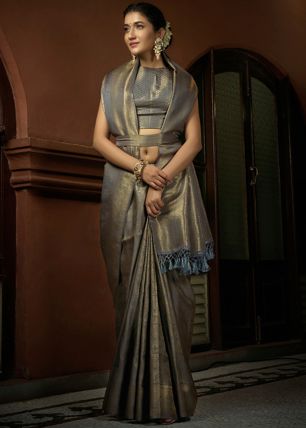 Coin Grey & Golden Blend Woven Kanjivaram Silk Saree: Top Pick