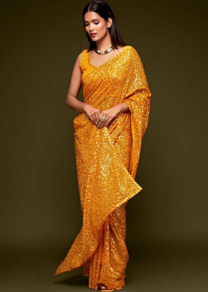 Golden Yellow Designer Georgette Saree