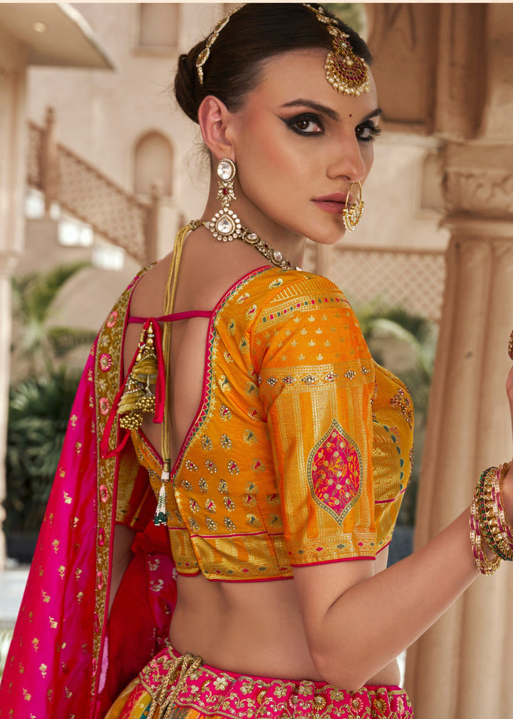 Bright Yellow Banarasi Silk Lehenga with Zarkan & Cutwork
