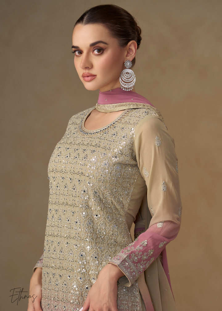 Beige Gold And Mauve Pink Georgette Salwar Suit
