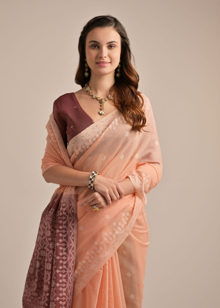 Peach Thread Butti Muga Cotton Saree