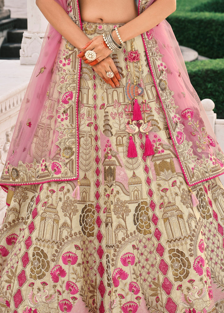 Off-White Fancy Silk Lehenga Choli With Cut Work Embroidery Border & Stone Work