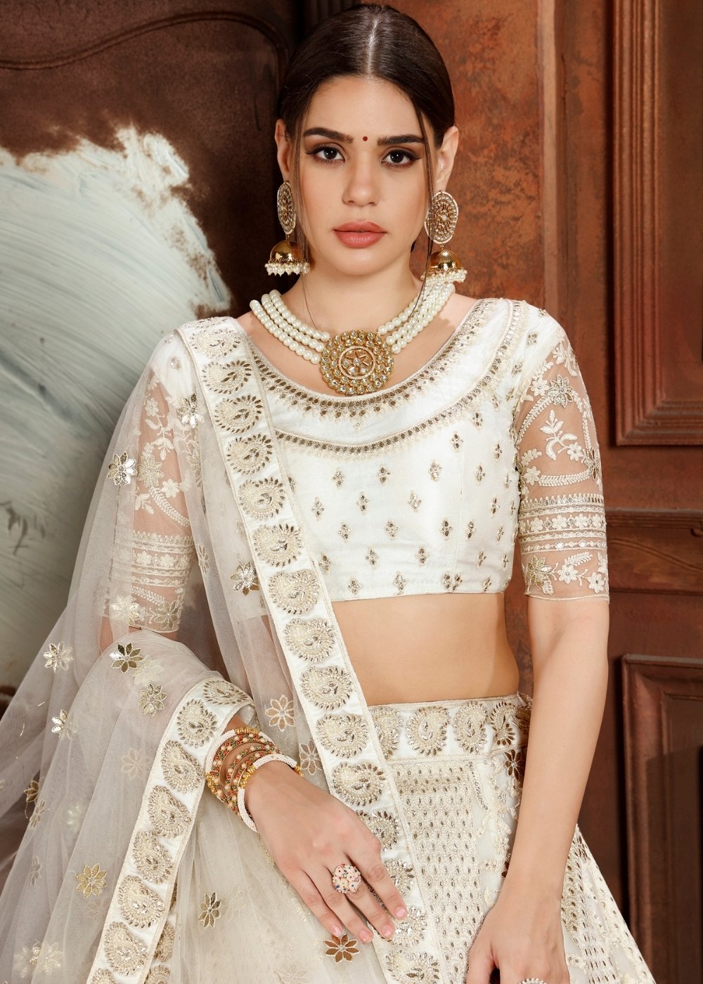 Daisy White Soft Net Lehenga Choli with Thread,Zari, Zarkan & Pearl work