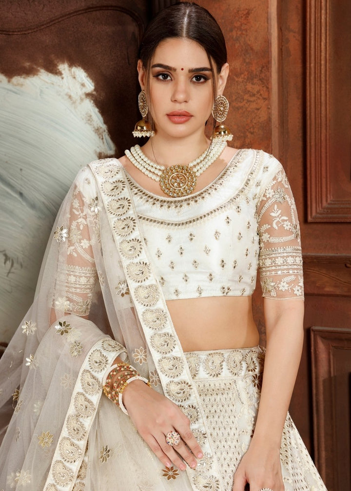 Daisy White Soft Net Lehenga Choli with Thread,Zari, Zarkan & Pearl work