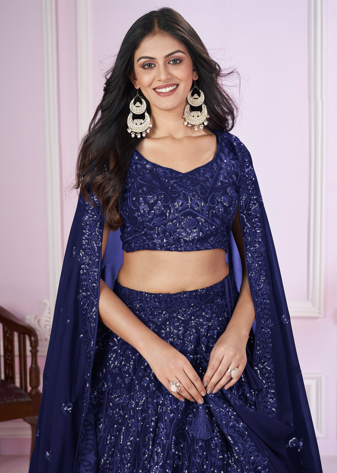 Dark Blue Georgette Lehenga Choli With Sequins And Thread Embroidery Work