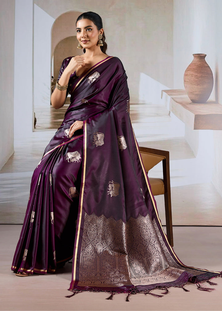 Wine Red Satin Silk Saree