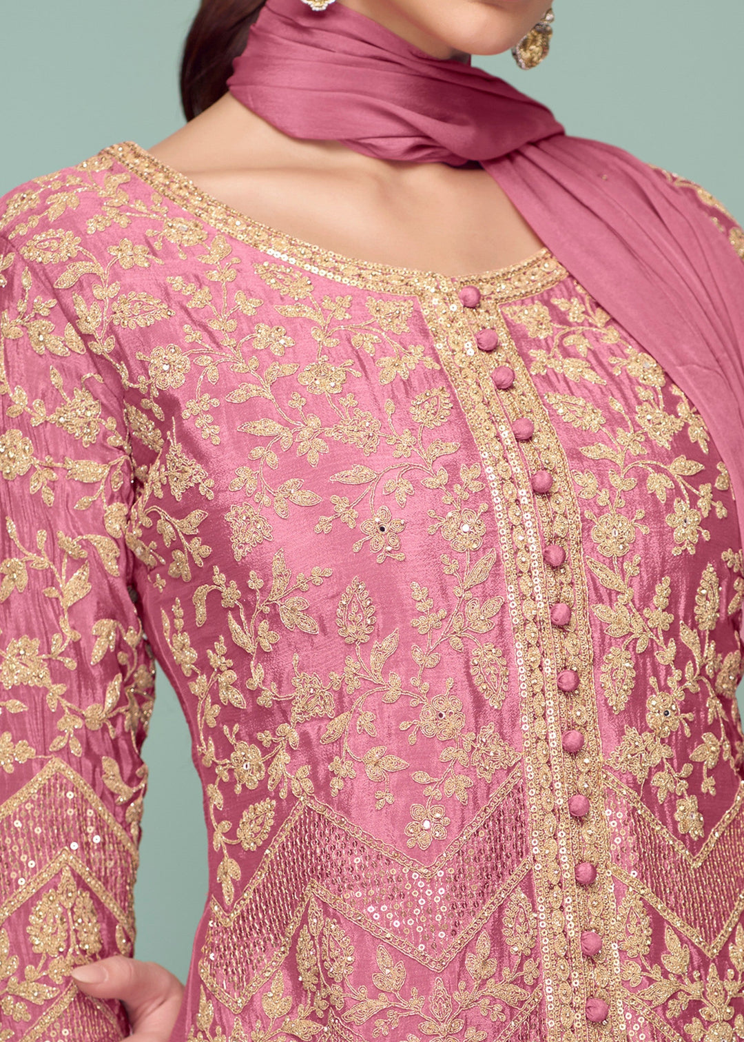 Blush Pink Chinnon Silk Plazo Suit With Thread Embroidery