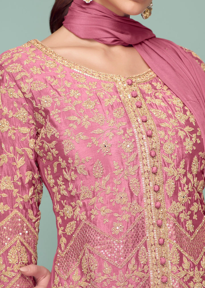 Blush Pink Chinnon Silk Plazo Suit With Thread Embroidery