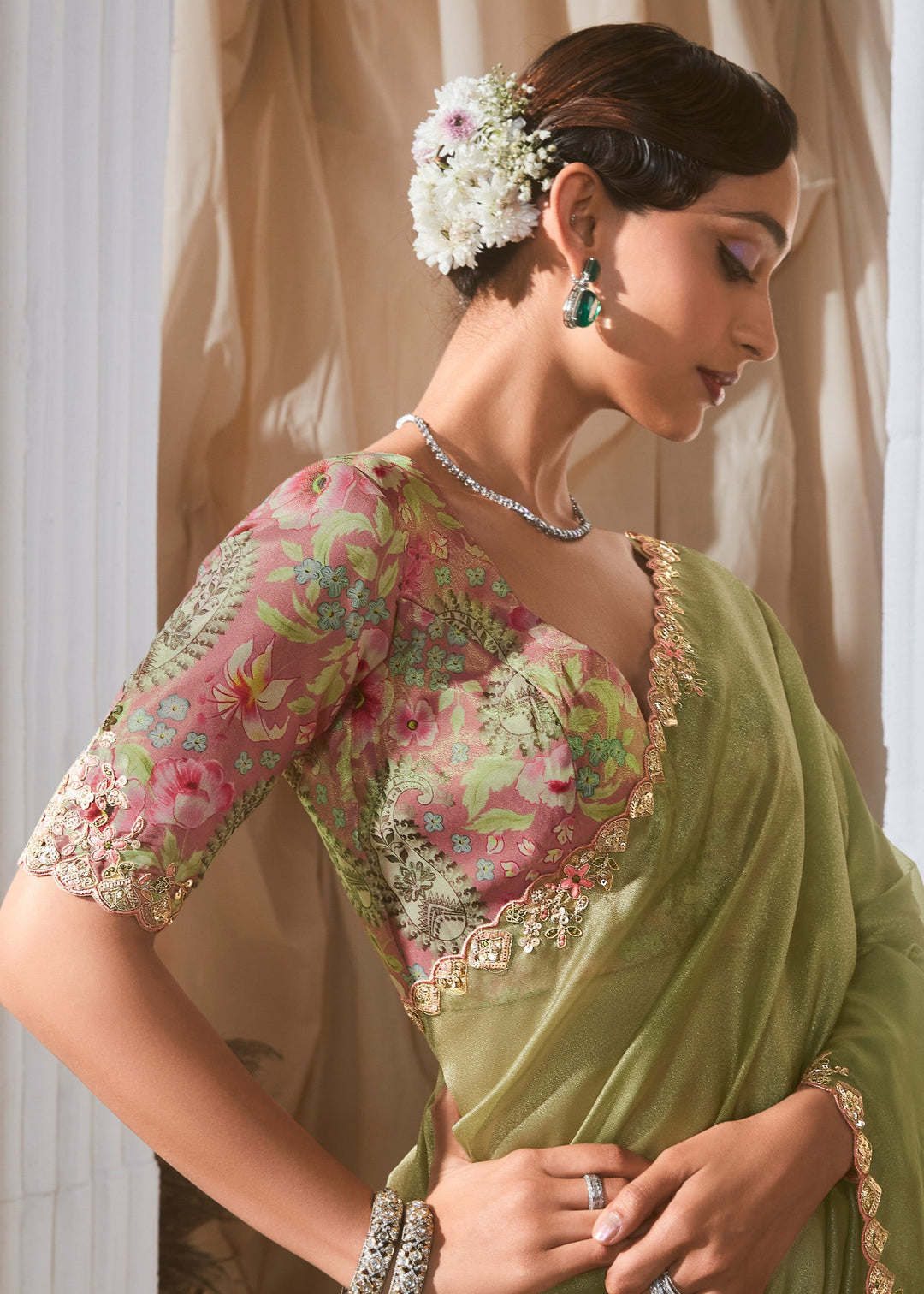 Apple Green Fancy Silk Saree With Printed Blouse