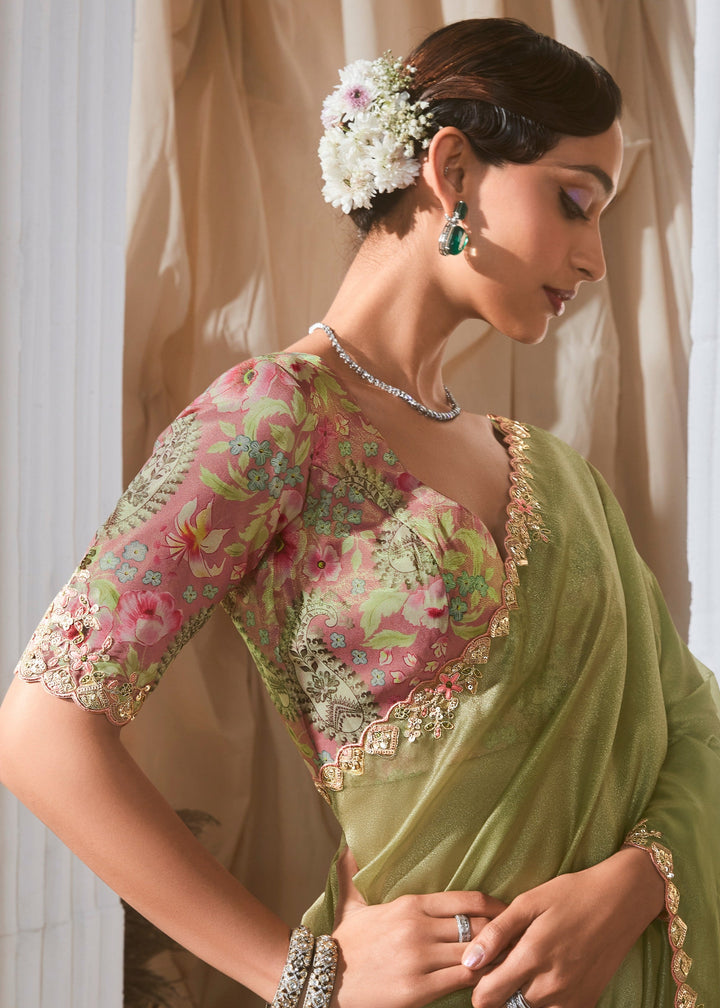 Apple Green Fancy Silk Saree With Printed Blouse