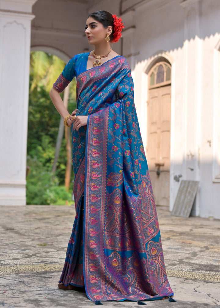 Firozi Thread Woven Jal & Flower Silk Saree With Thread Woven Pallu