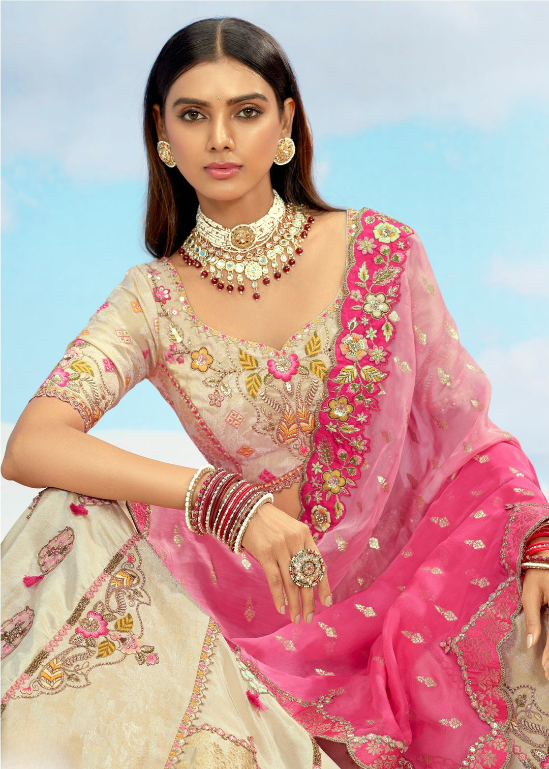 Off-white and Megenta Lehenga With Cut Work Border