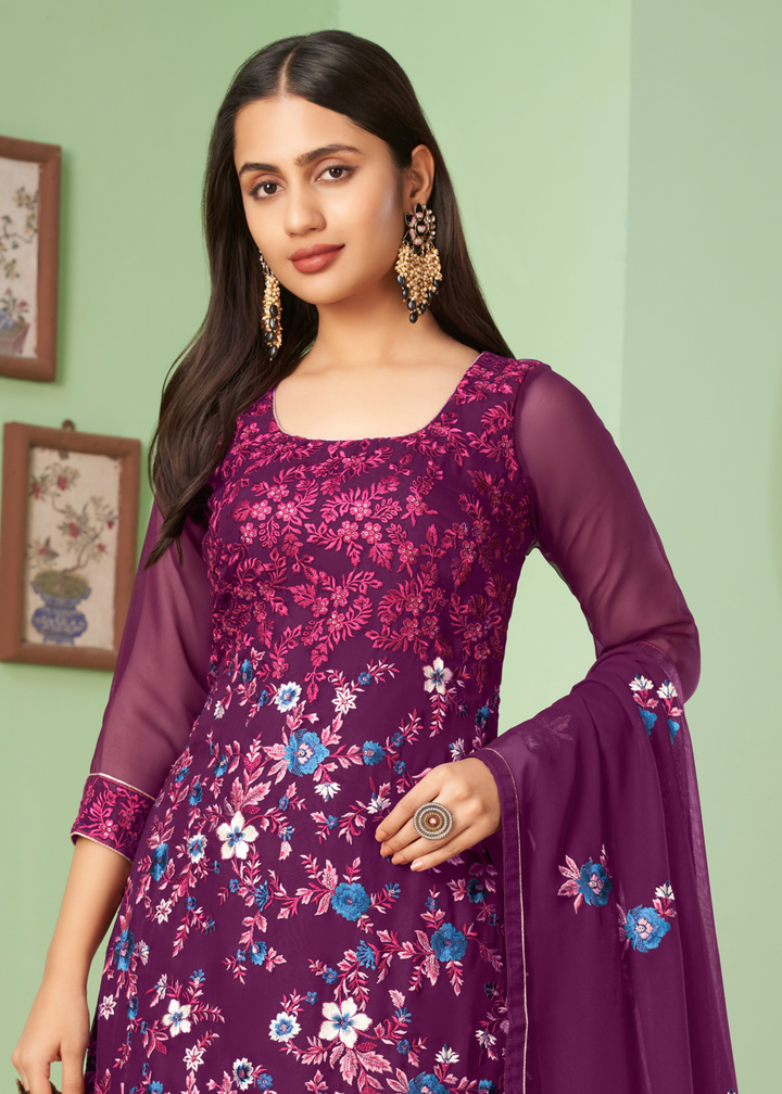 Byzantine Purple Georgette Salwar Suit with Multi Colour Thread Embroidery & Sequence work