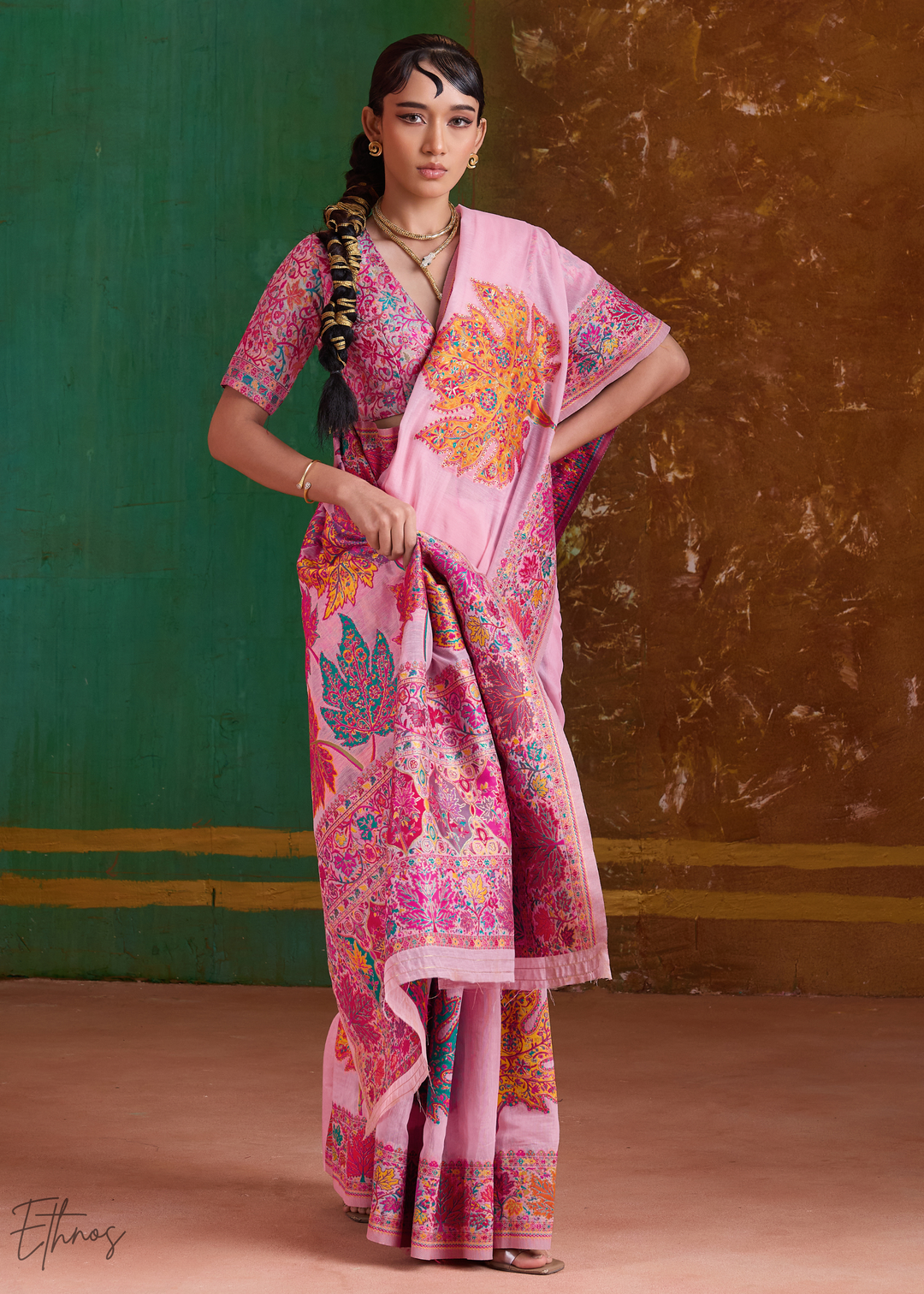 Blush Pink with Multicolour Floral Weave Saree