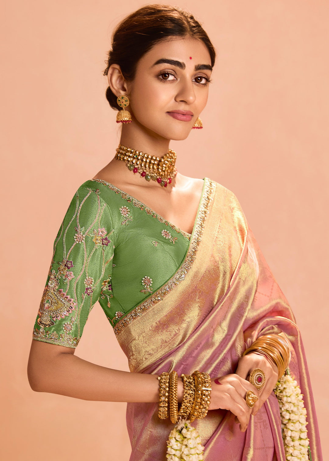 Rose Pink Zari Tissue Silk Saree With Weaving Work And Heavy Embroidery Lace : Top Pick