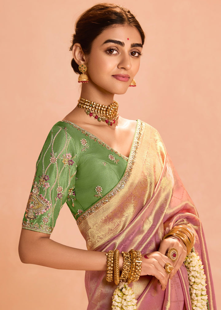 Rose Pink Zari Tissue Silk Saree With Weaving Work And Heavy Embroidery Lace : Top Pick