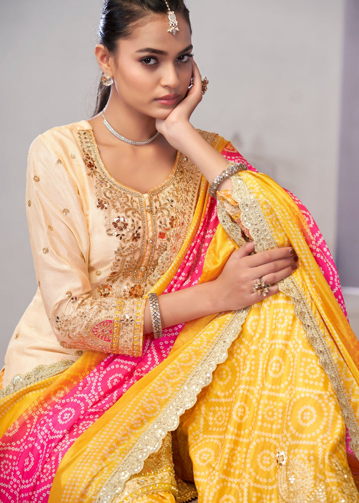 Yellow And Pink Chinon SIlk Plazo Suit With Embroidered Work
