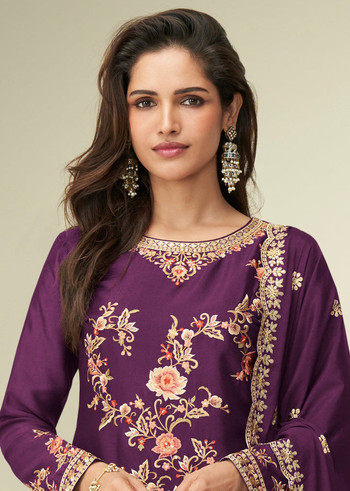 Eggplant Purple Chinon SIlk Plazo Suit