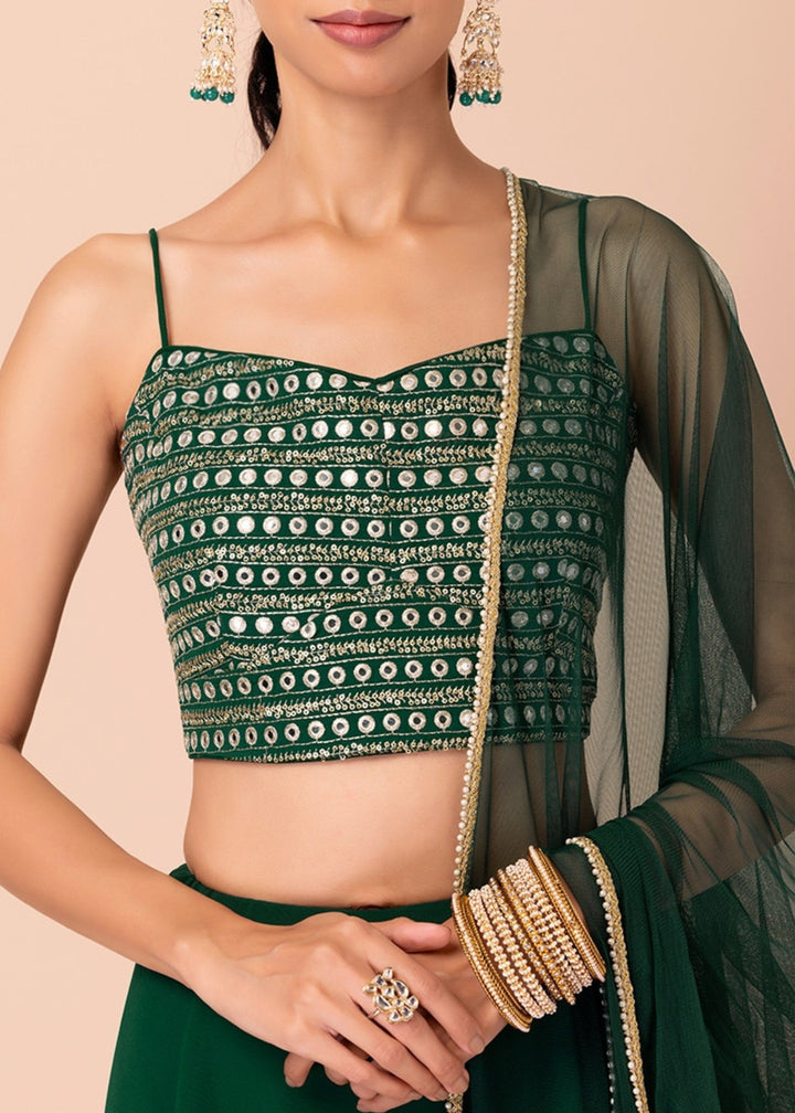 Dark Green Georgette Lehenga Choli With Sequins And Thread Embroidery Work