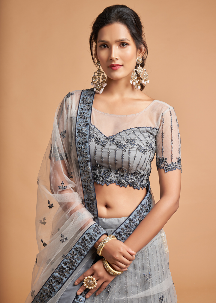 Light Grey Designer Soft Net Lehenga Choli with Zari, Dori & Thread Embroidery work
