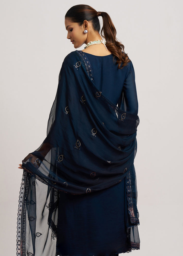 Indigo Blue Organza Pant Style Suit WIth Chiffon Dupatta