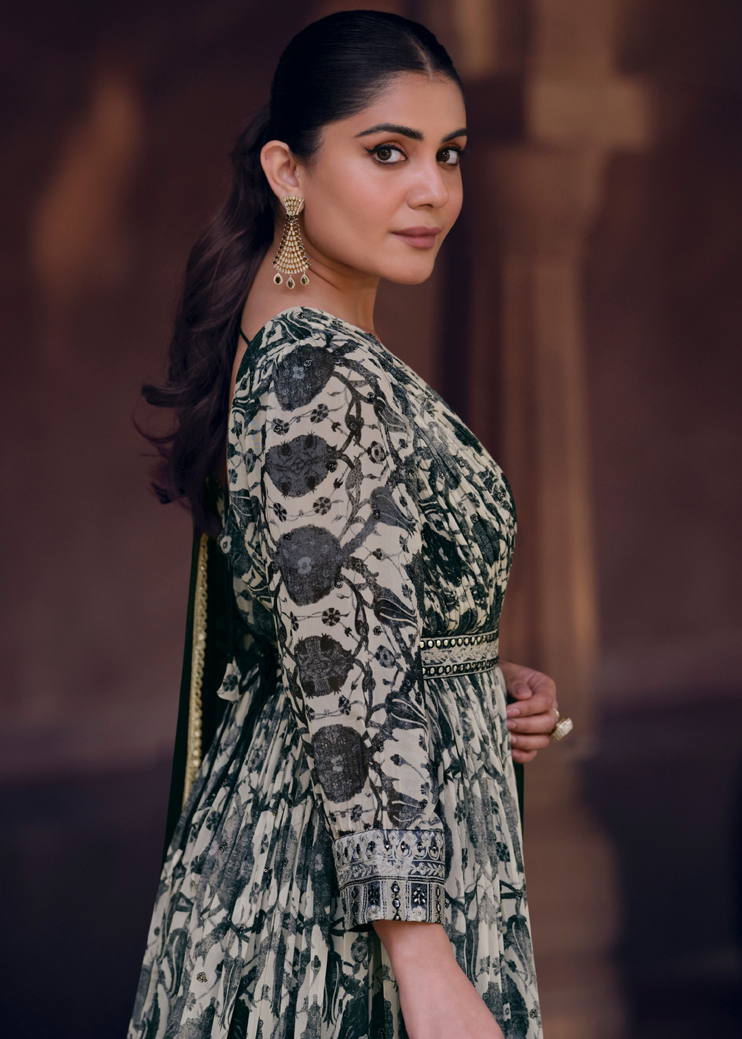 White & Black Floral Printed Georgette Anarkali Suit with Embroidery work