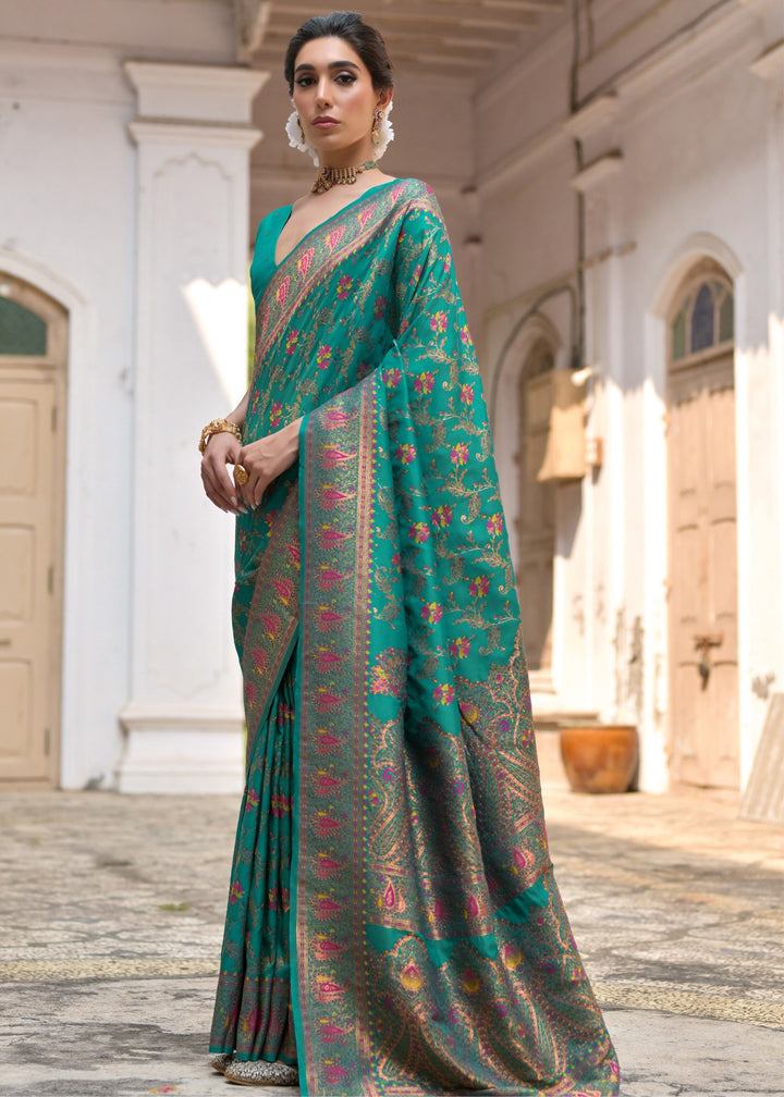 Rama Thread Woven Jal & Flower Silk Saree With Thread Woven Pallu