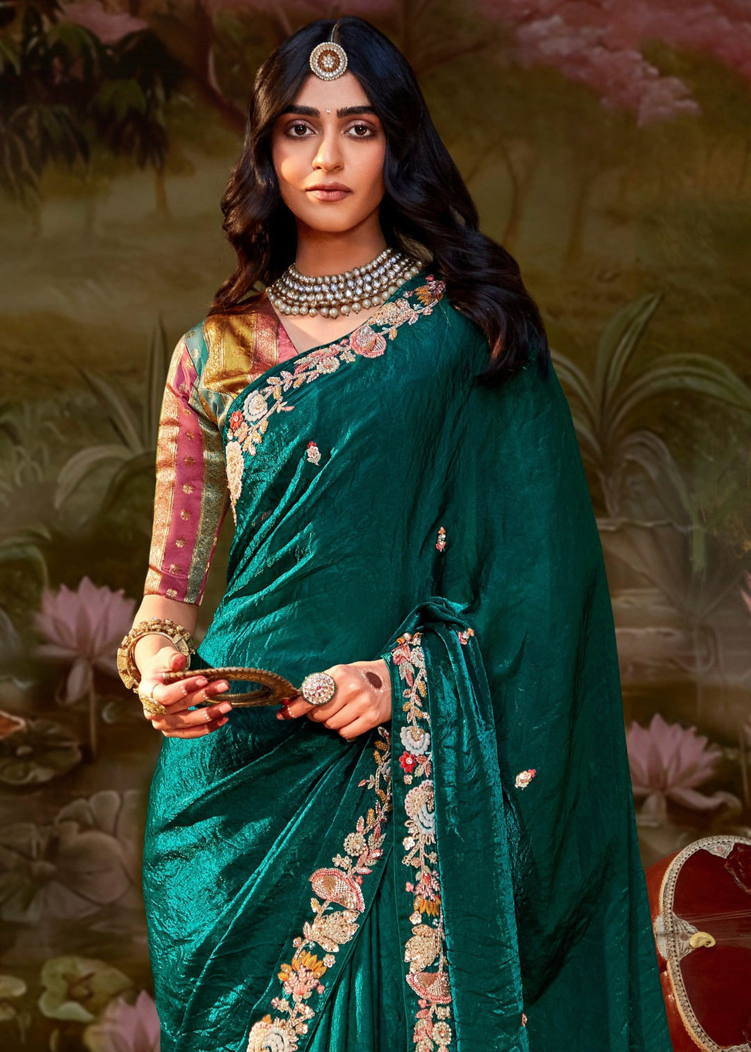 Multi-Shade And Green Cotton Silk Saree