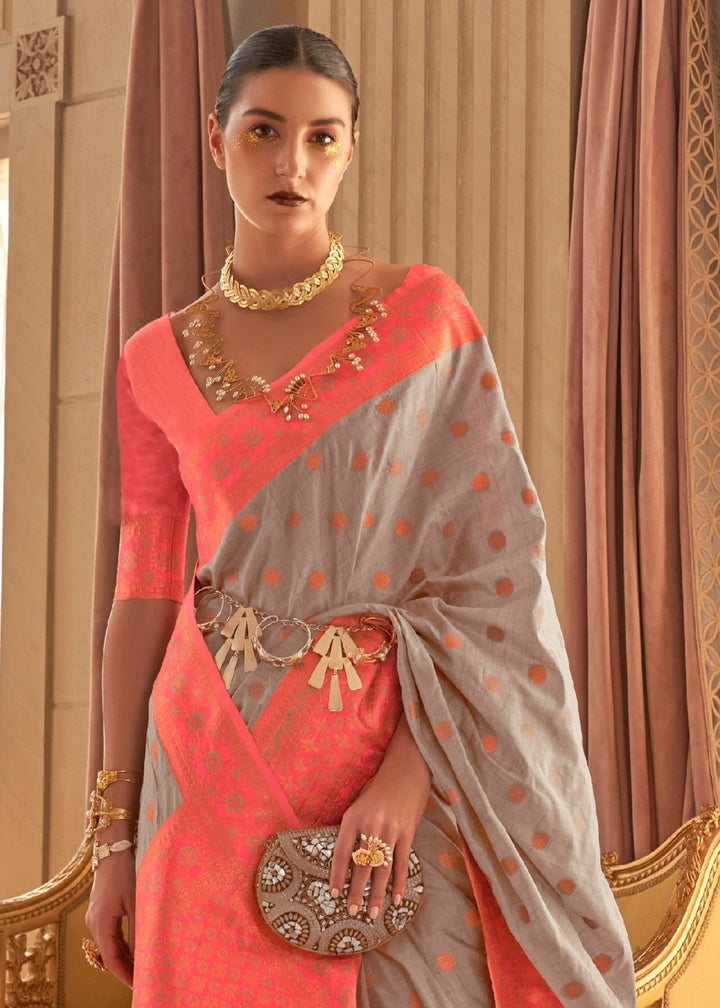 Platinum Grey Bamboo Copper Zari Handloom Weaving Saree