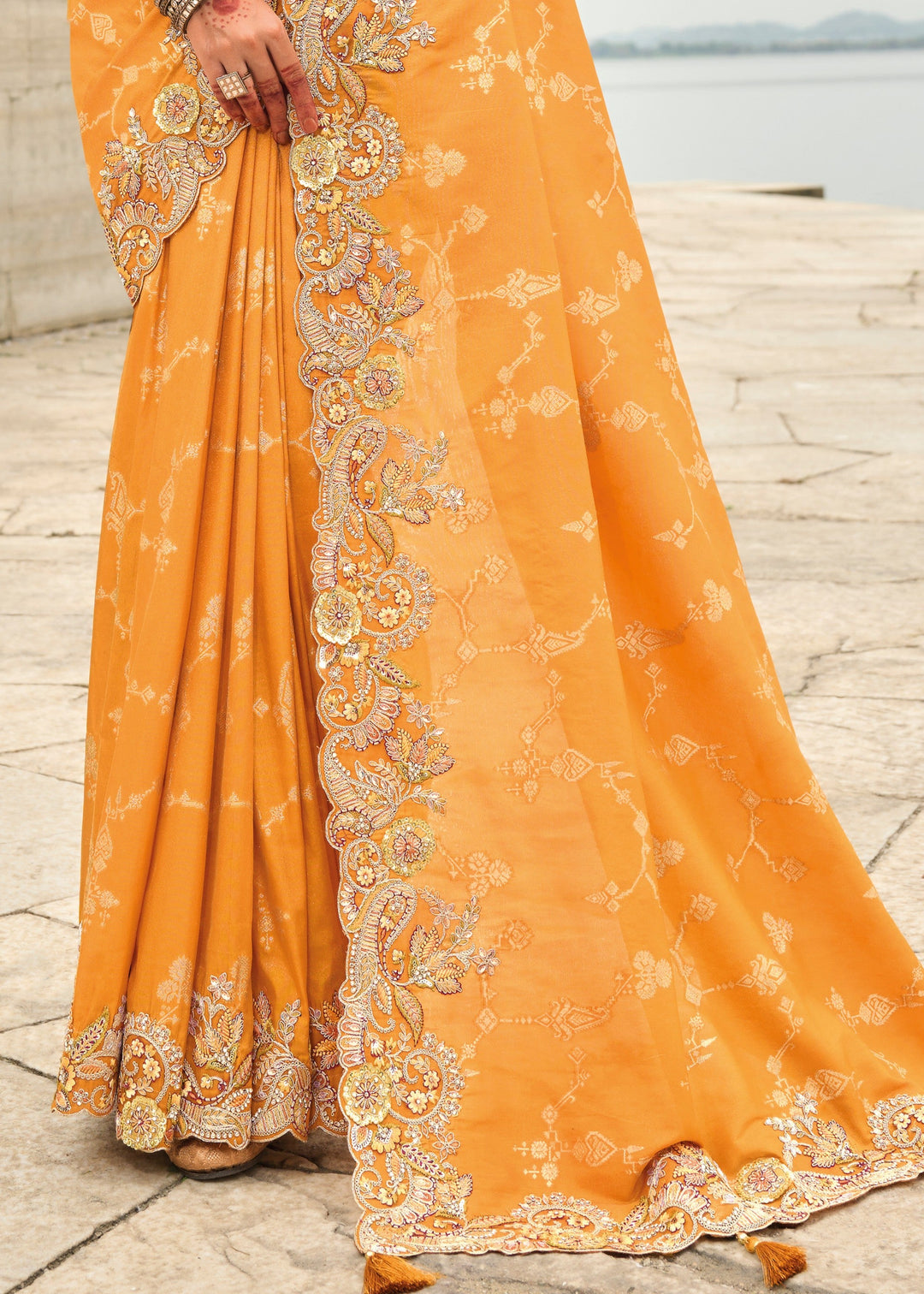 Orange Viscose Tissue Silk Saree