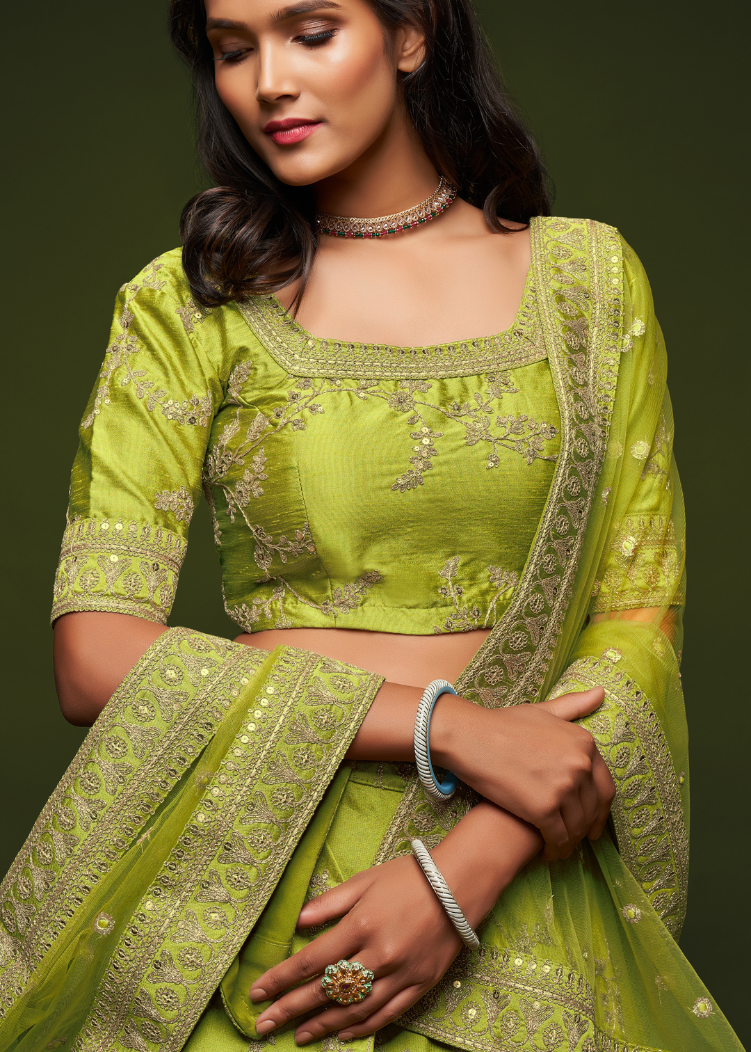 Avocado Green Silk Lehenga Choli with Thread,Zari,Dori & Sequins work